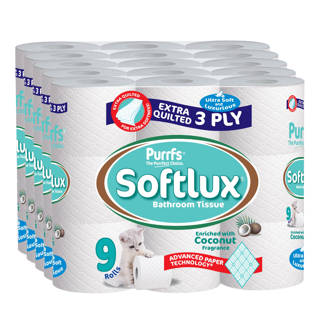 45 Softlux 3 Ply Bathroom Tissue Enriched with Coconut Fragranced Toilet Rolls (5*9) 45 Softlux 3 Ply Bathroom Tissue Enriched with Coconut Fragranced Toilet Rolls (5*9)